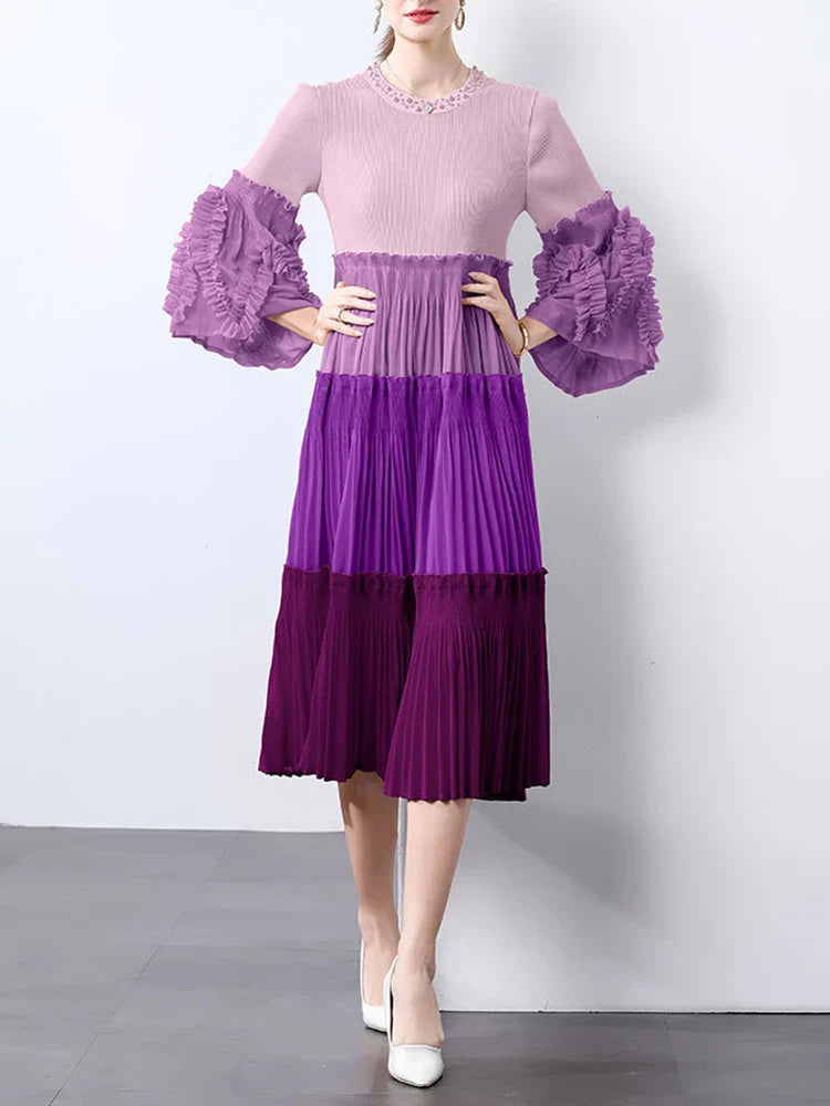 Ombre Pleated Dress - Ruffle Sleeve
