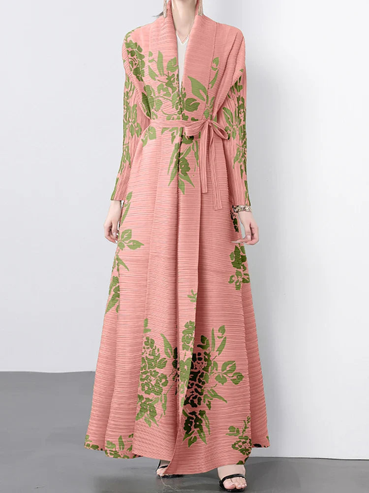 Women's Classy Floral & Leaf Long Pleated Coat
