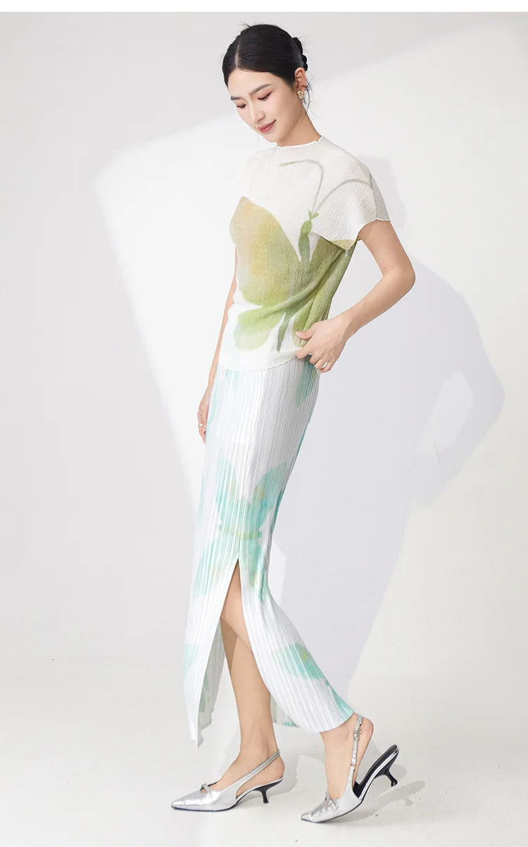 Butterfly Pleated Maxi Skirt & Top Set