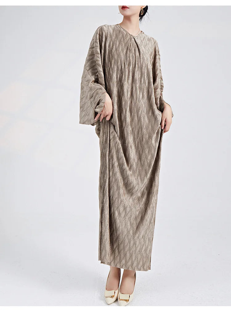 Genuine Pleated Batwing Sleeve Midi Dress