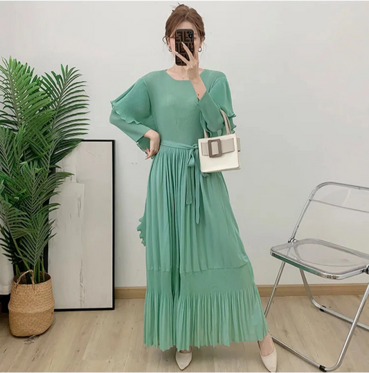 Designer Pleated Midi Dress - Ruffle Detail