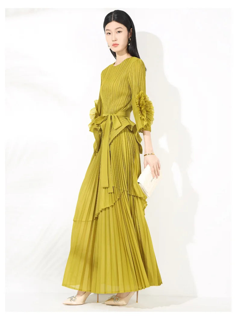 High-End Pleated Midi Skirt Set - Statement Sleeves