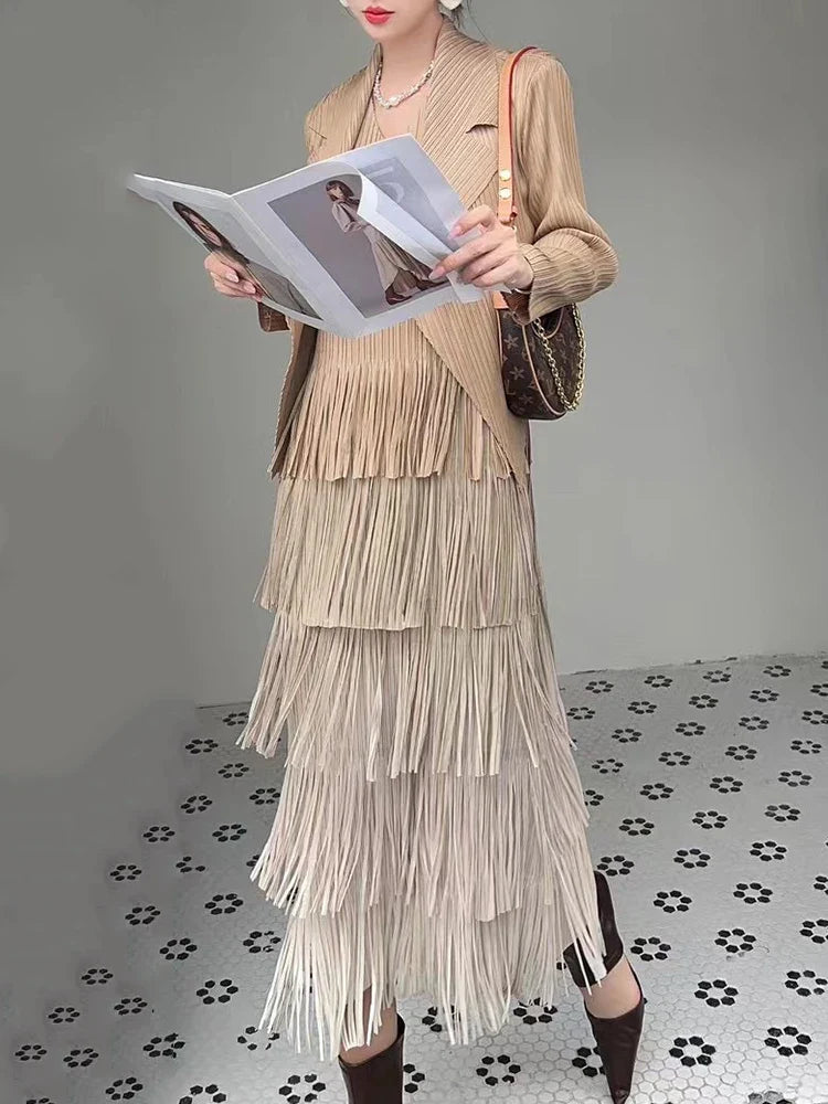Pleated Fringe Ombre Dress Set