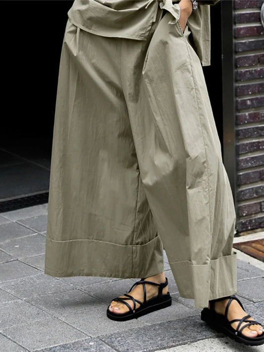 Cotton-Blend Wide-Leg Pants with Elastic Waistband
