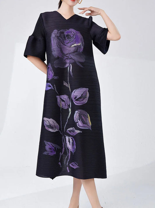 Women's Elegant Japanese Pleated Floral Dress