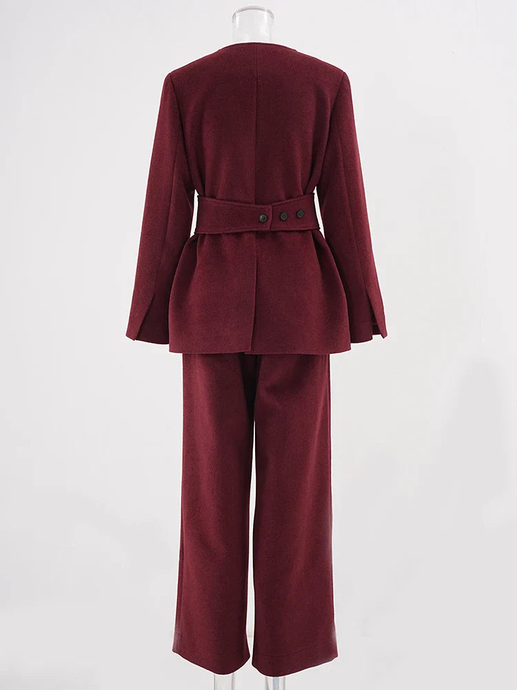 Luxe Burgundy Wool Blend Wide Leg Pant Suit