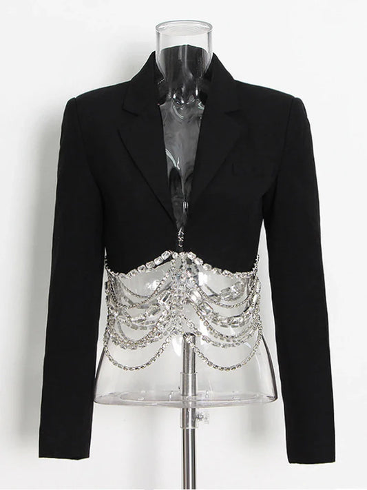 Slim Fit Cropped Blazer with Crystal Chain