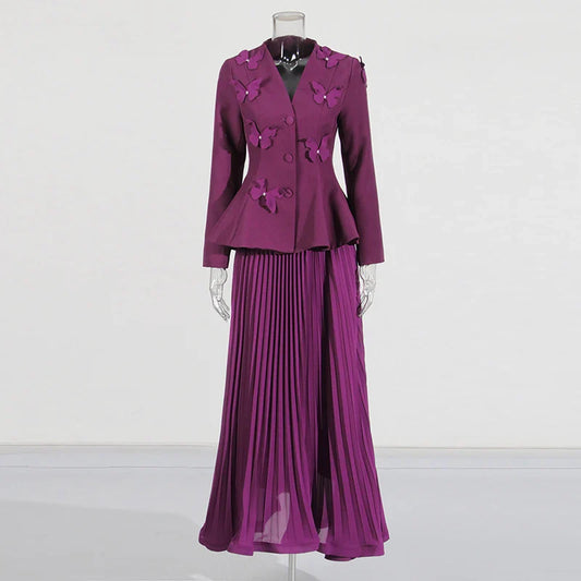 Designer Butterfly Blazer & Pleated Midi Skirt