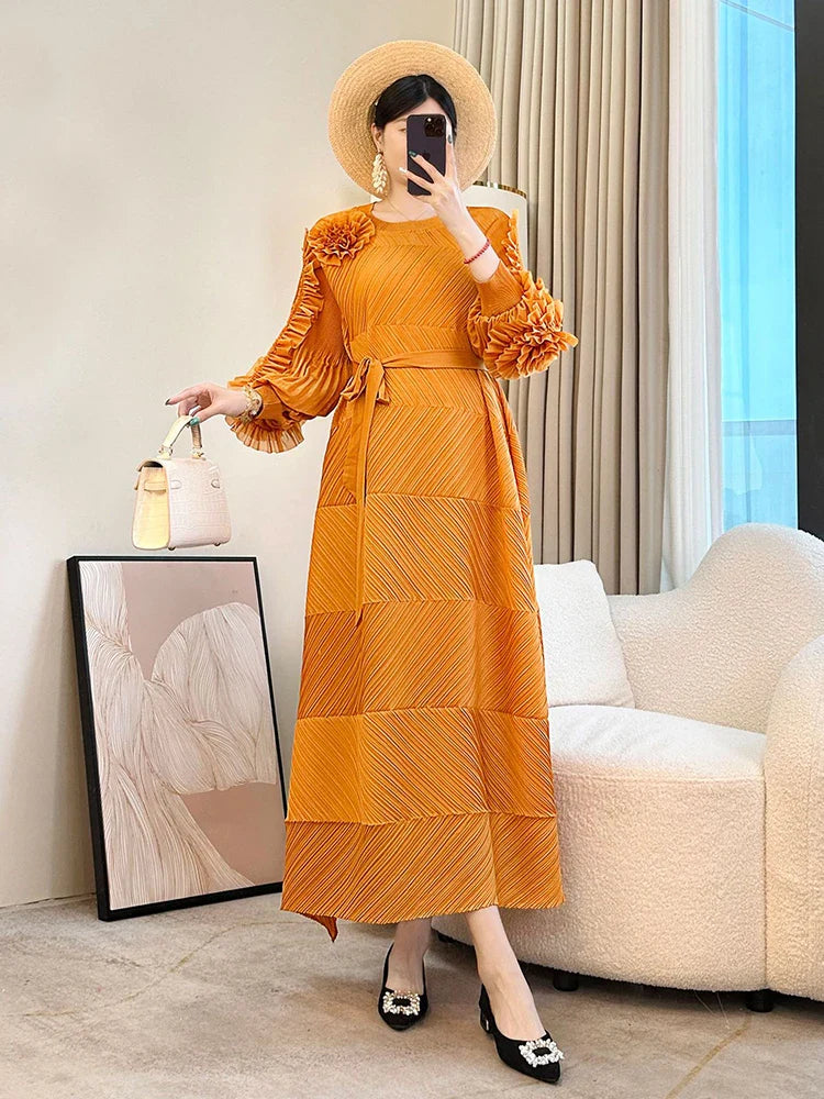 Elegant Pleated Floral Midi Dress