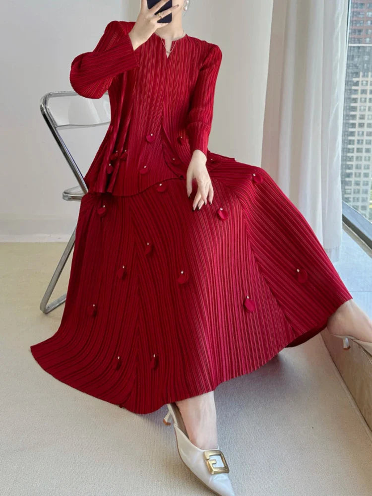 Genuine Pleated Top & Midi Skirt Set