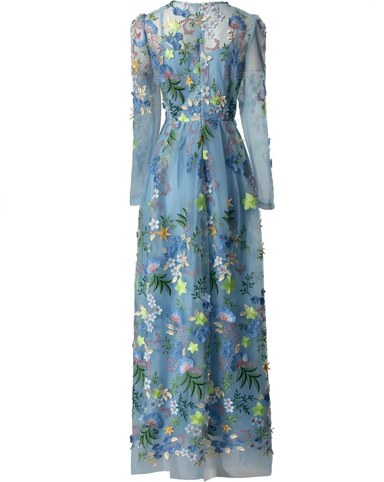Blue Floral Embellished Long Sleeve Midi Dress