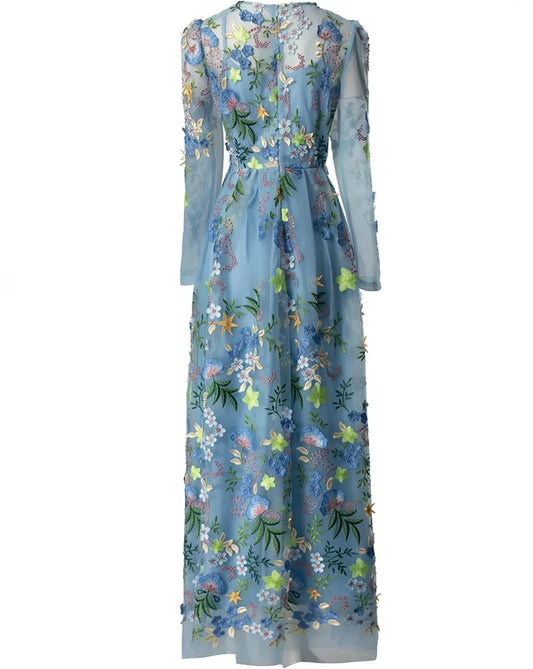 Blue Floral Embellished Long Sleeve Midi Dress