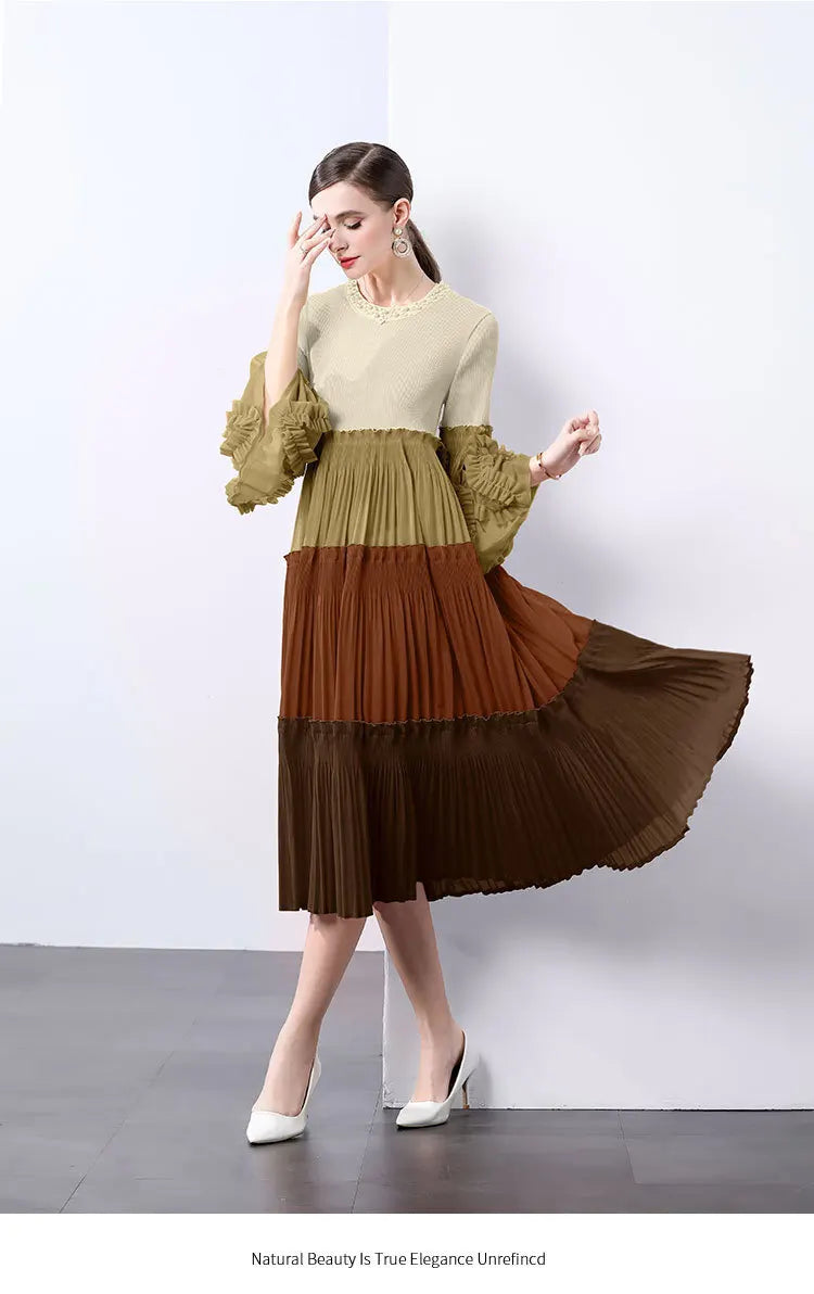 Ombre Pleated Dress - Ruffle Sleeve
