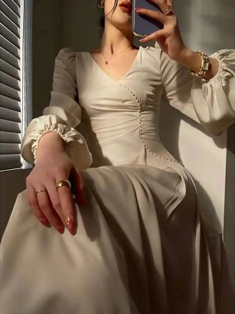 Cream Satin Midi Dress with Pearls