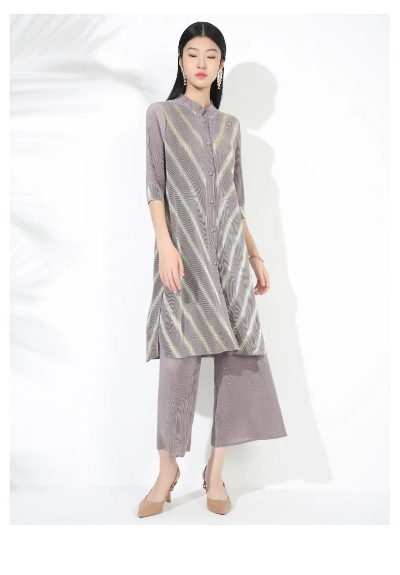 Petite Plissé Pleated 3/4 Sleeve 2-Piece Pant Set