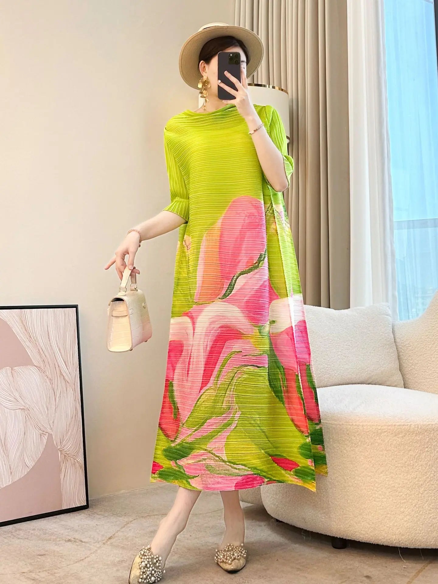 Japanese Floral Pleated Midi Dress
