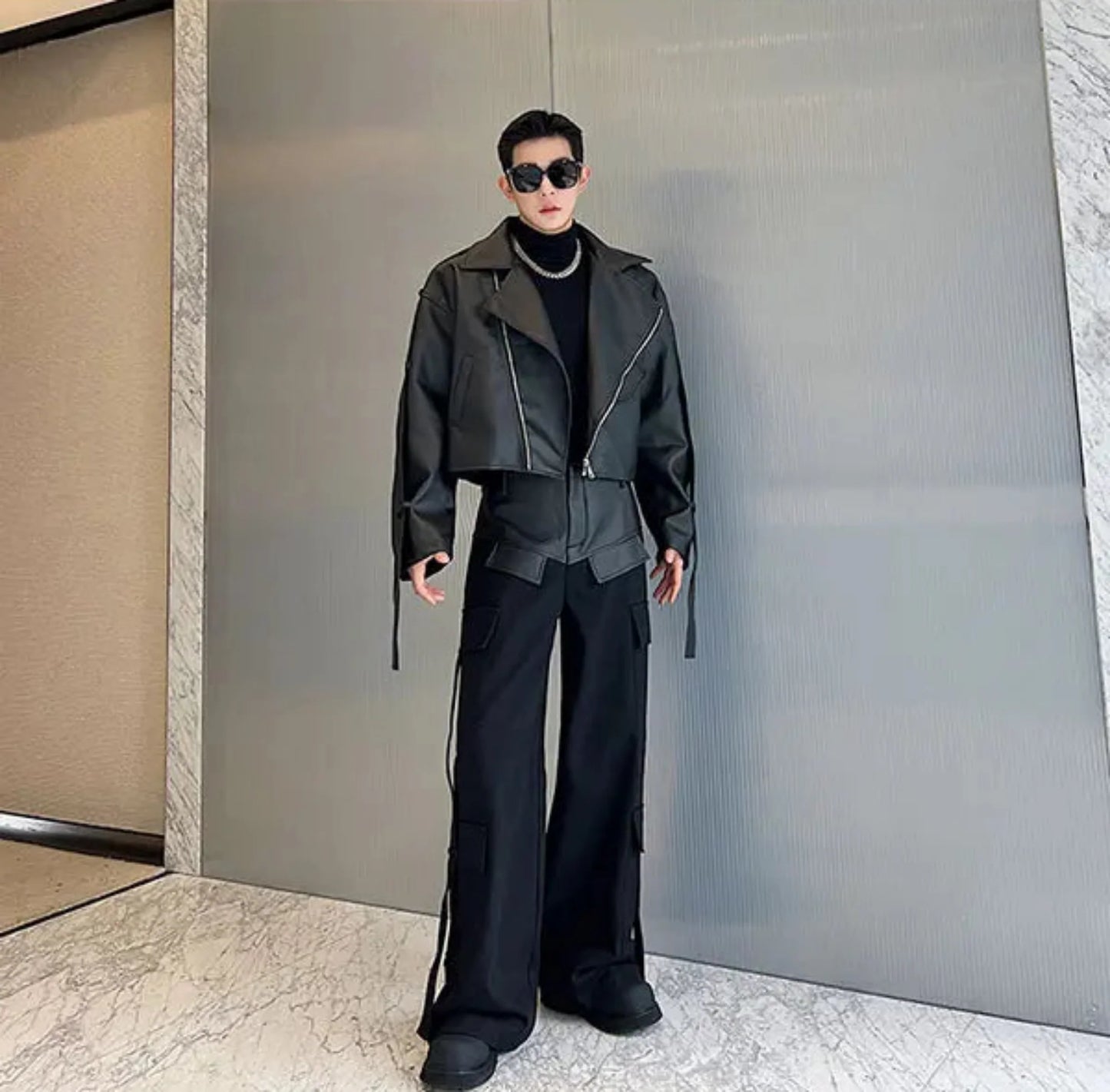 Men's Black Vegan Leather Streetwear Set
