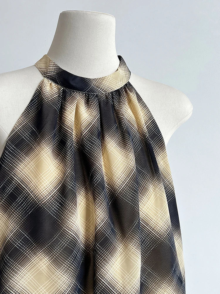 Plaid Asymmetric Halter High-Low Top
