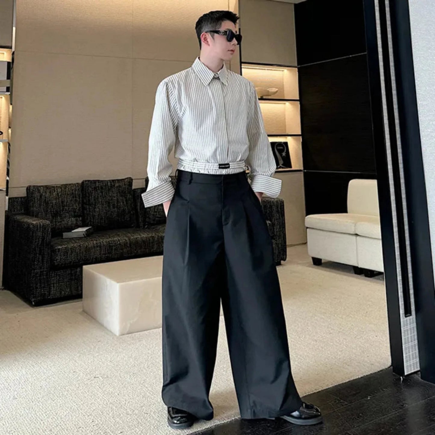Luxury Men's Streetwear Striped Shirt & Wide-Leg Trousers