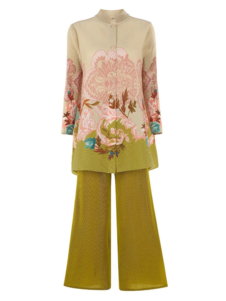 Luxury Floral Pleated Blouse & Wide-Leg Pant Set