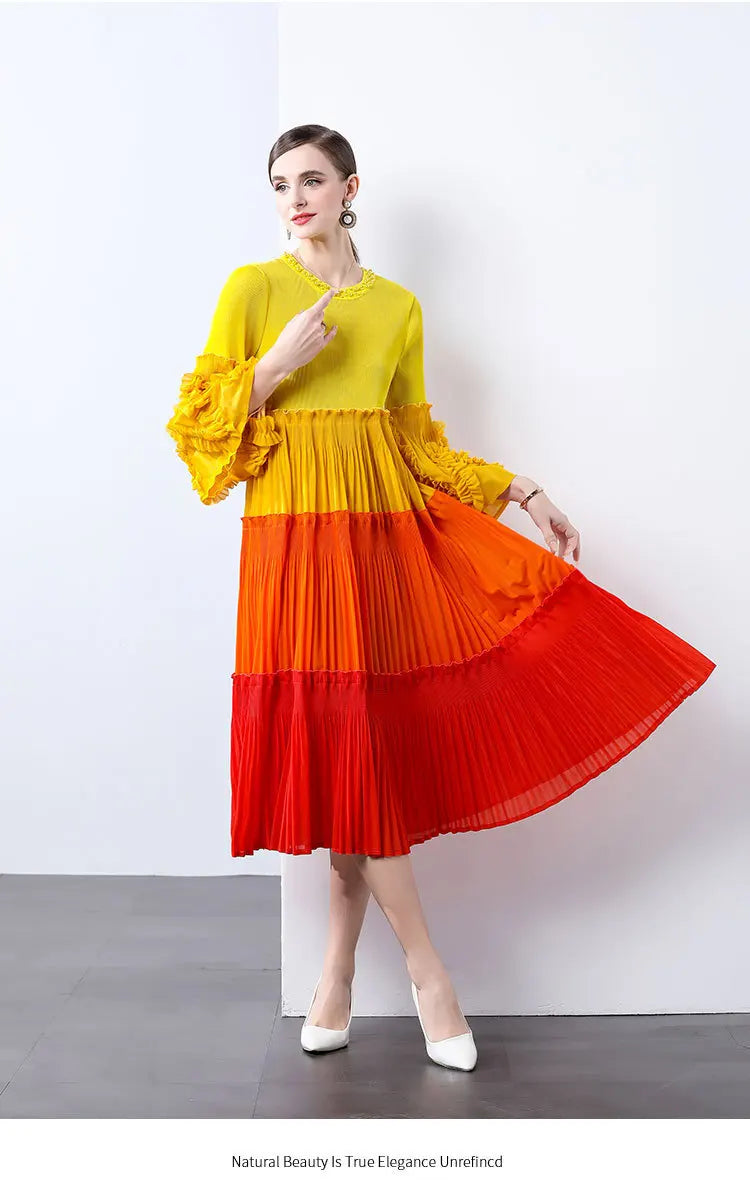 Ombre Pleated Dress - Ruffle Sleeve