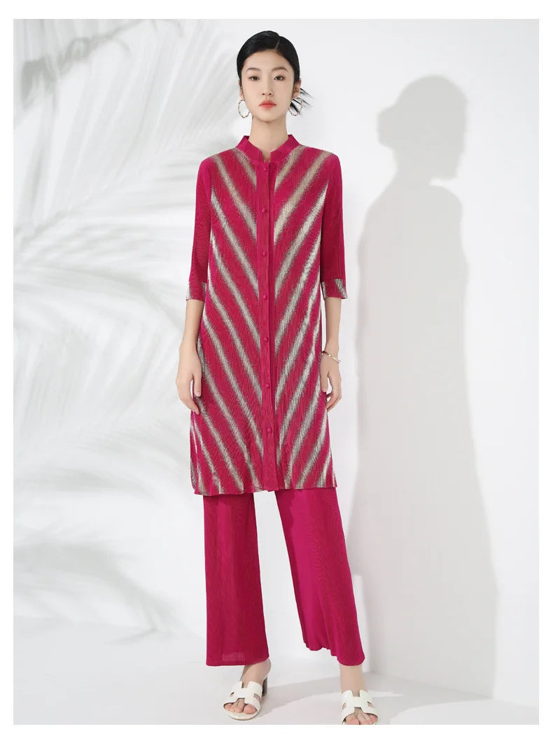 Petite Plissé Pleated 3/4 Sleeve 2-Piece Pant Set