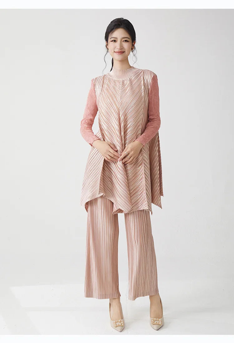 Metallic Pleated Tunic Top & Wide Leg Pants Set