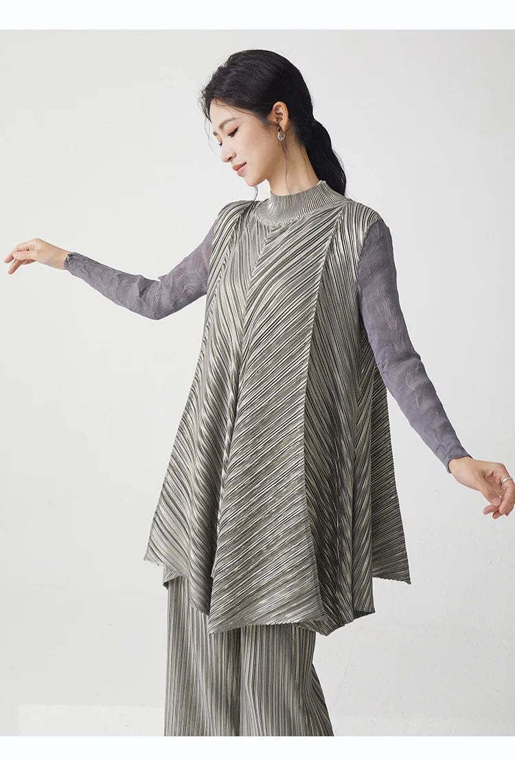 Metallic Pleated Tunic Top & Wide Leg Pants Set