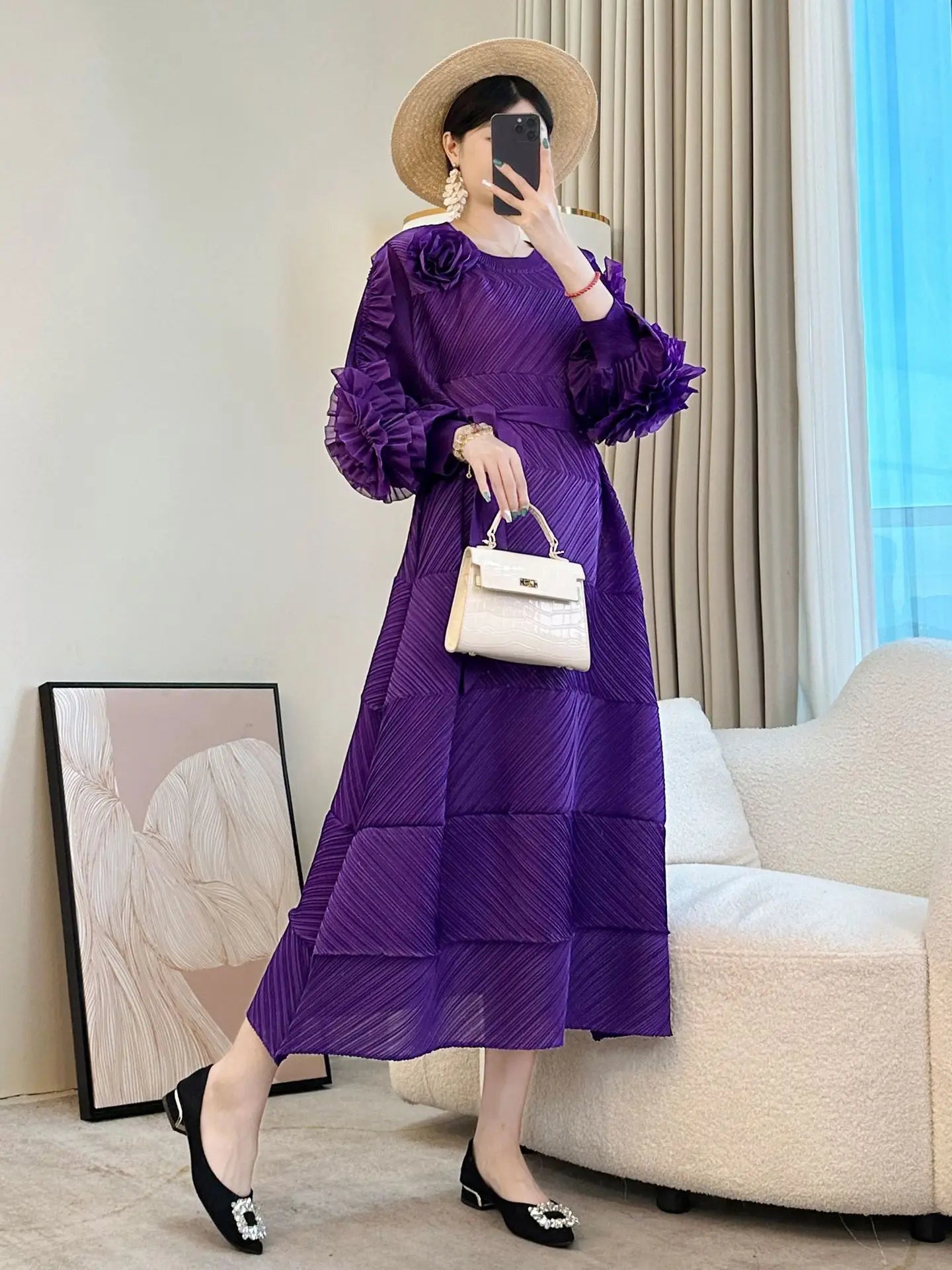Elegant Pleated Floral Midi Dress