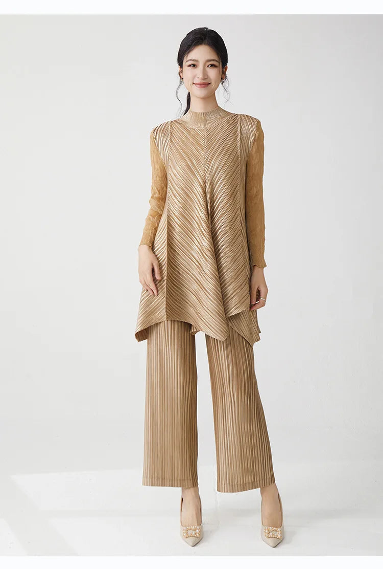 Metallic Pleated Tunic Top & Wide Leg Pants Set