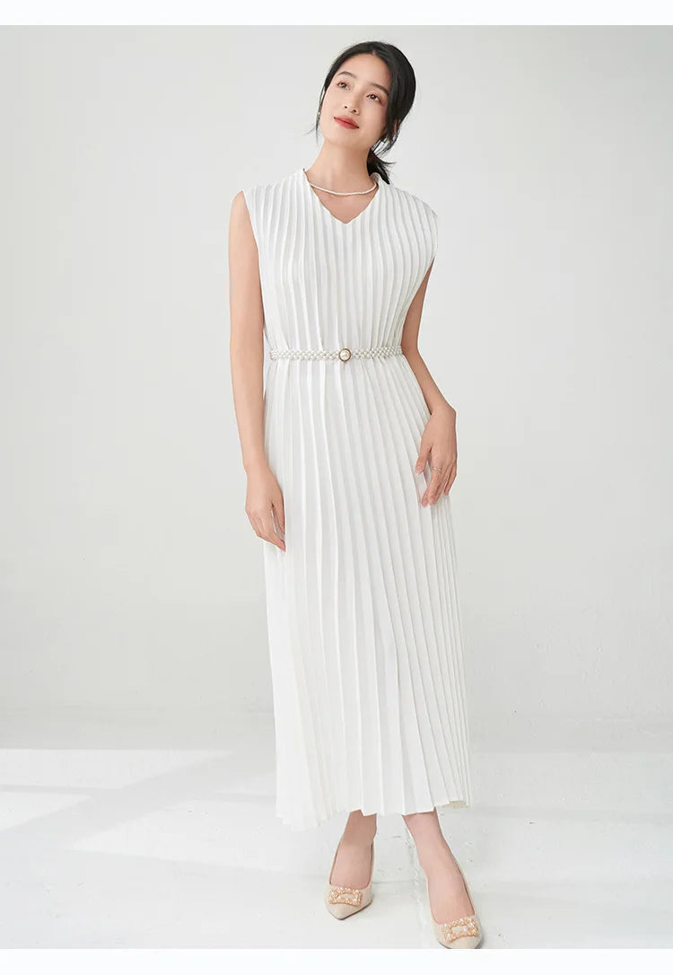 Contemporary Modern Sleeveless Pleated Midi Dress
