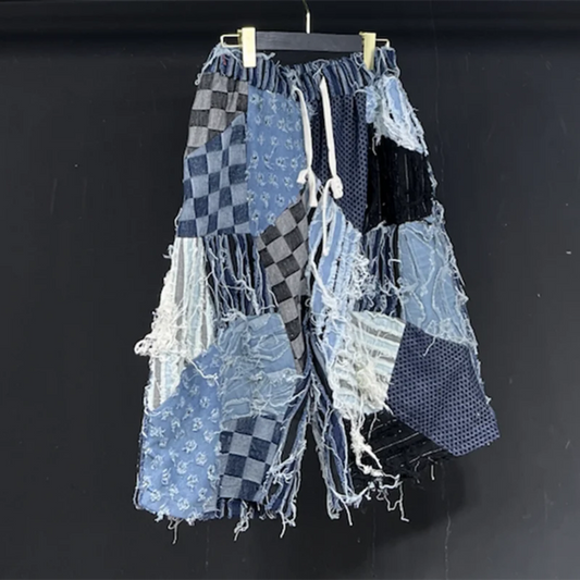 Men's Distressed Denim Patchwork Shorts