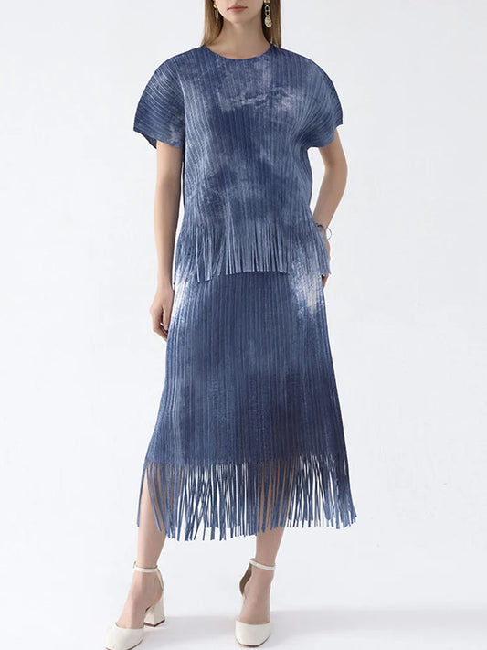 Luxury Pleated Fringe Pull-On Skirt & Top