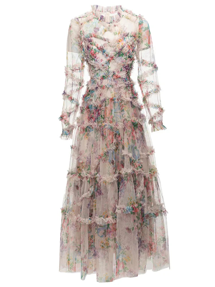 Elegant High Neck Ruffled Floral Midi Dress
