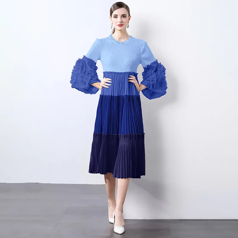 Ombre Pleated Dress - Ruffle Sleeve
