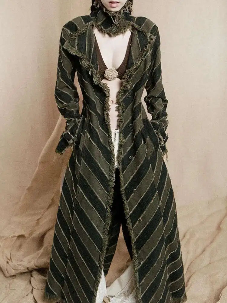 Striped Rustic Denim Trench Coat