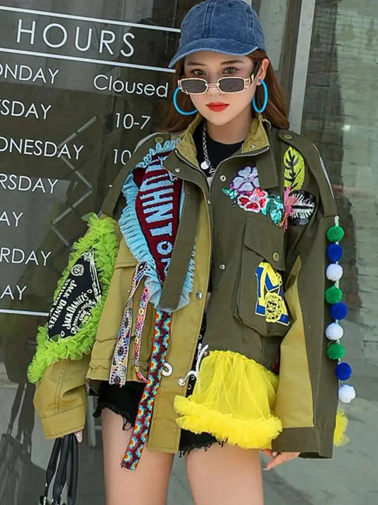 Luxe Patchwork Ruffled Bomber Jacket