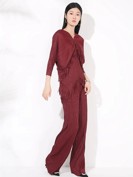 Fringed Pleated Wide-Leg Pant Set