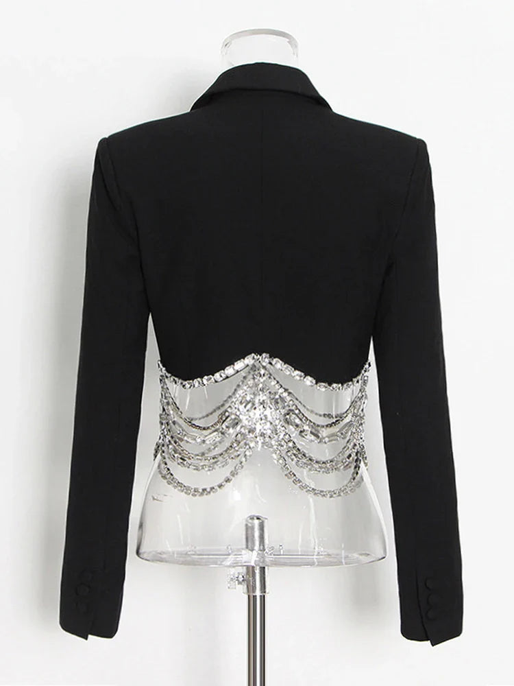 Slim Fit Cropped Blazer with Crystal Chain