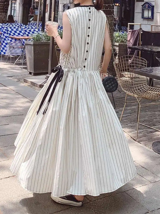 Cotton Sleeveless Striped Dress with Button Back