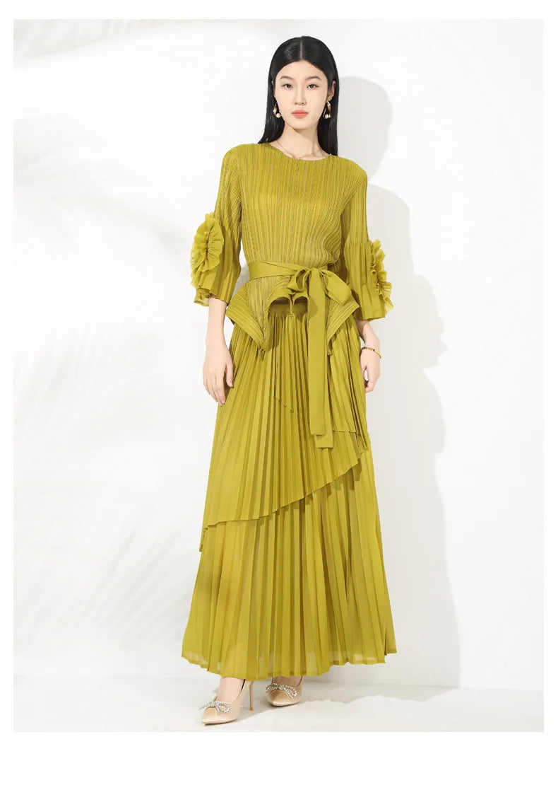 High-End Pleated Midi Skirt Set - Statement Sleeves