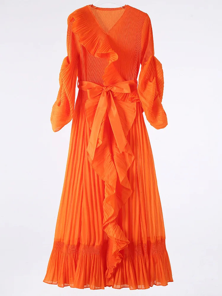Pleated Plissé Ruffle Trim Maxi Dress