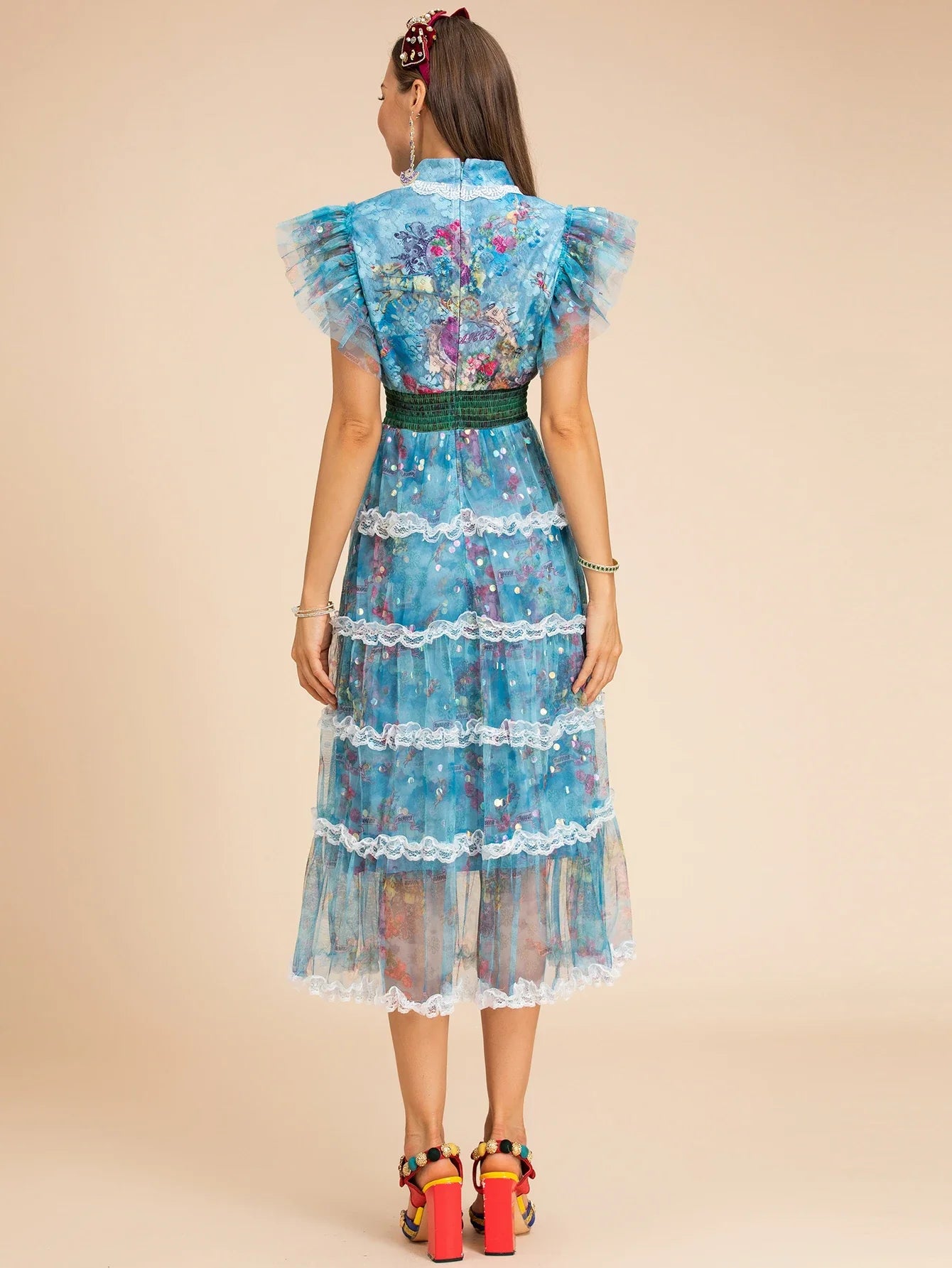 Blue Floral Midi Dress Ruffle Cap Sleeves