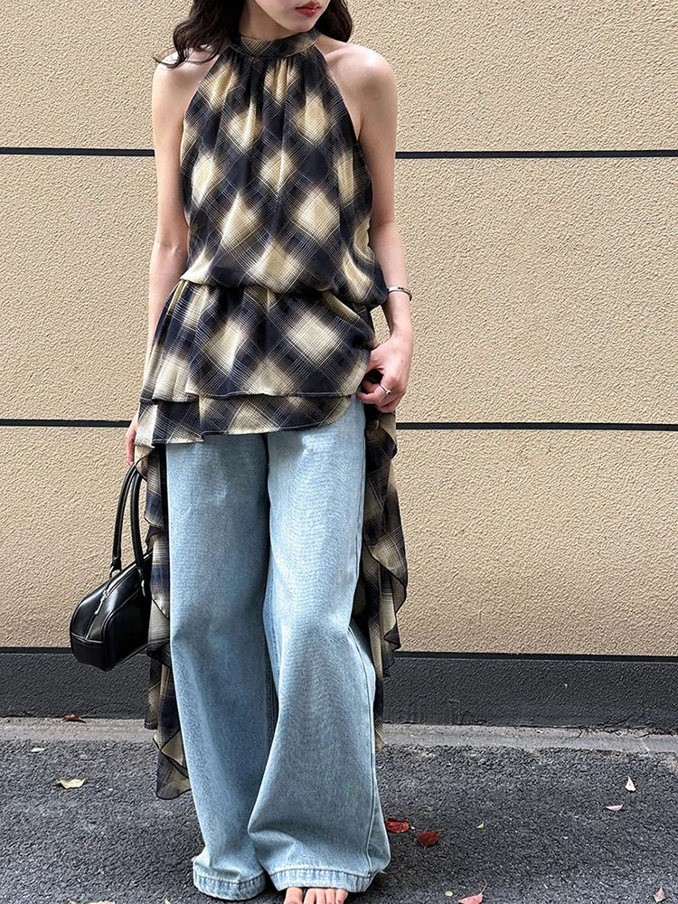 Plaid Asymmetric Halter High-Low Top