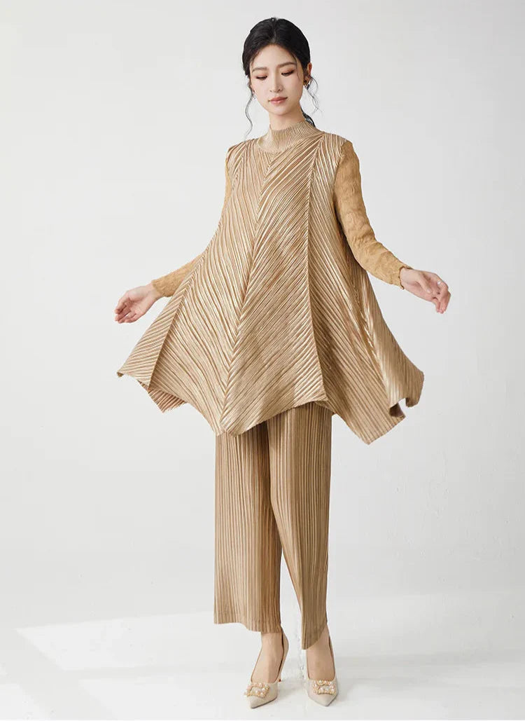 Metallic Pleated Tunic Top & Wide Leg Pants Set