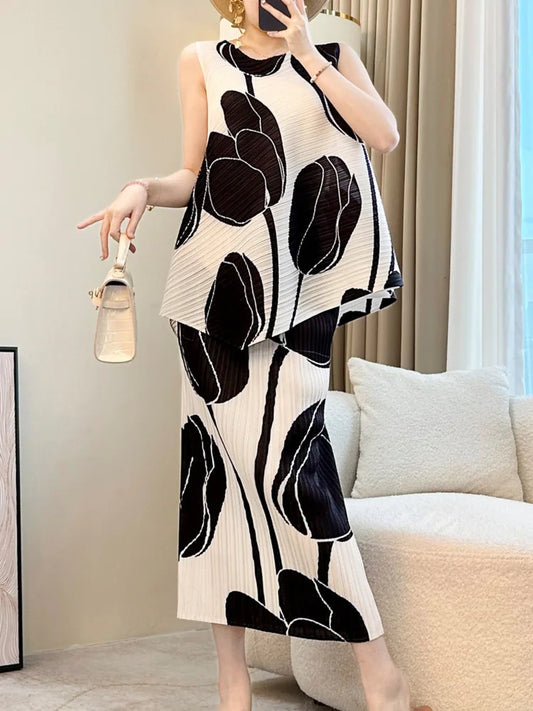 Pleated Tulip Sleeveless Top & Skirt Set