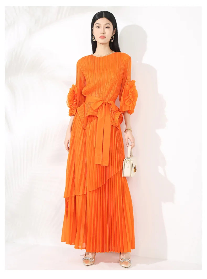 High-End Pleated Midi Skirt Set - Statement Sleeves