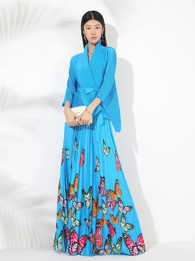 Women's Butterfly Pleated Modest Top & Flowy Skirt