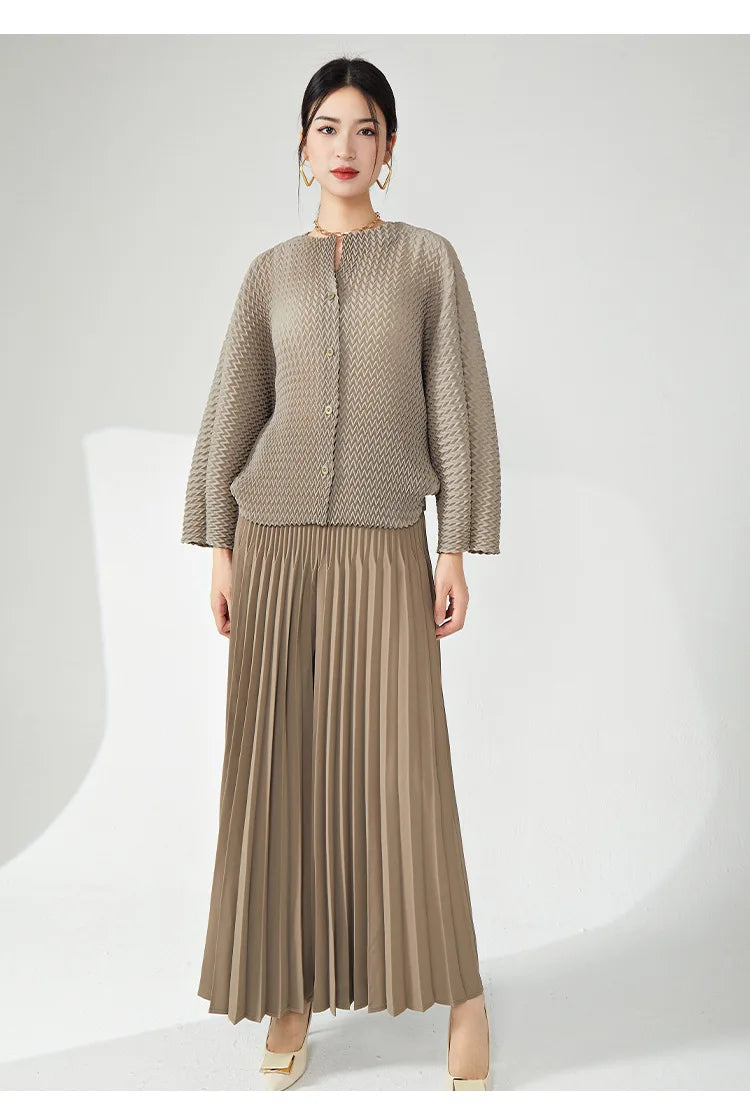 Genuine Pleated Wide Leg Pants & Cardigan Set