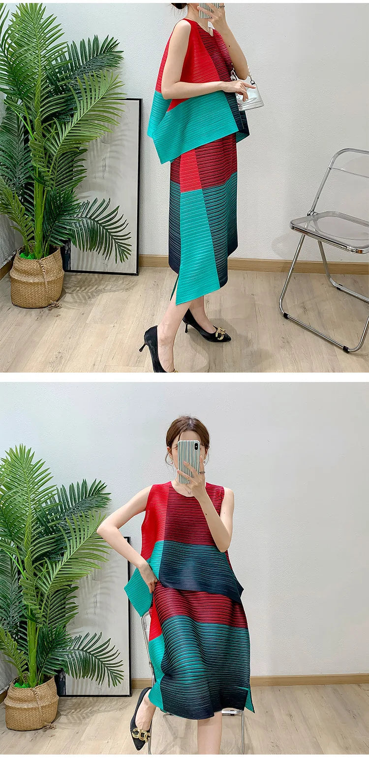Asymmetric Pleated Sleeveless Top & Skirt